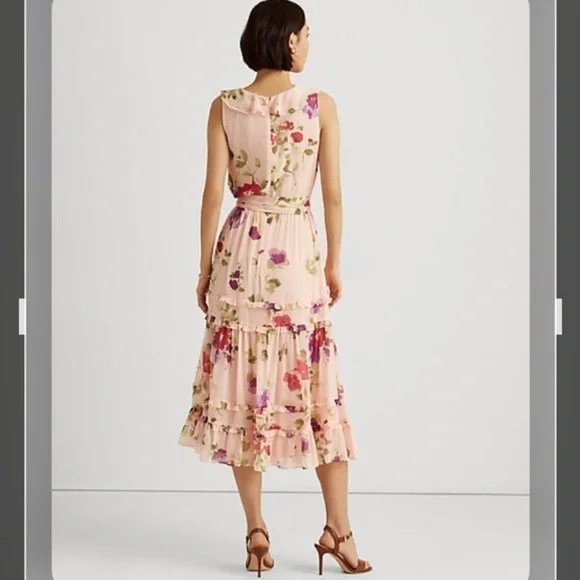 Lauren Ralph Lauren Floral Crinkled Georgette Dress in Pink/Sage/Multi - Picture 2 of 12